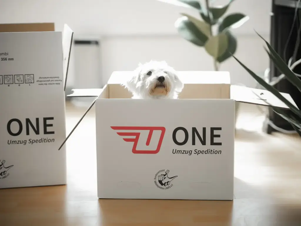 Ein kleiner weißer Hund lugt aus einem Karton mit der Aufschrift „One Umzugsspedition GmbH“ auf einem Holzboden hervor. Im Hintergrund stehen Zimmerpflanzen, gespannt auf sein nächstes Abenteuer. In der Nähe deutet ein ähnlicher Karton auf einen bevorstehenden Umzugskontakt hin.